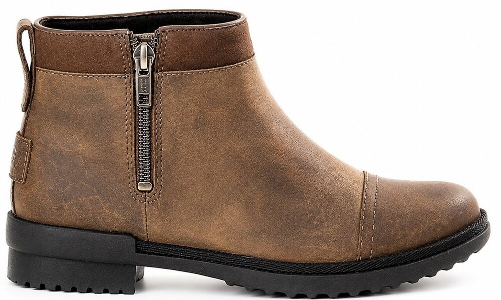 UGG Brown Leather Ankle Boots Side Zip Comfort Booties Women’s Size 6 Slip On